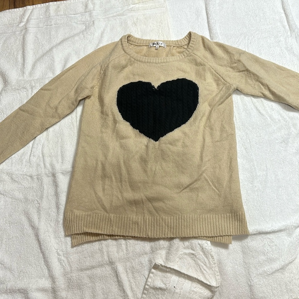 Beige Heart Sweater with Black Heart Detail